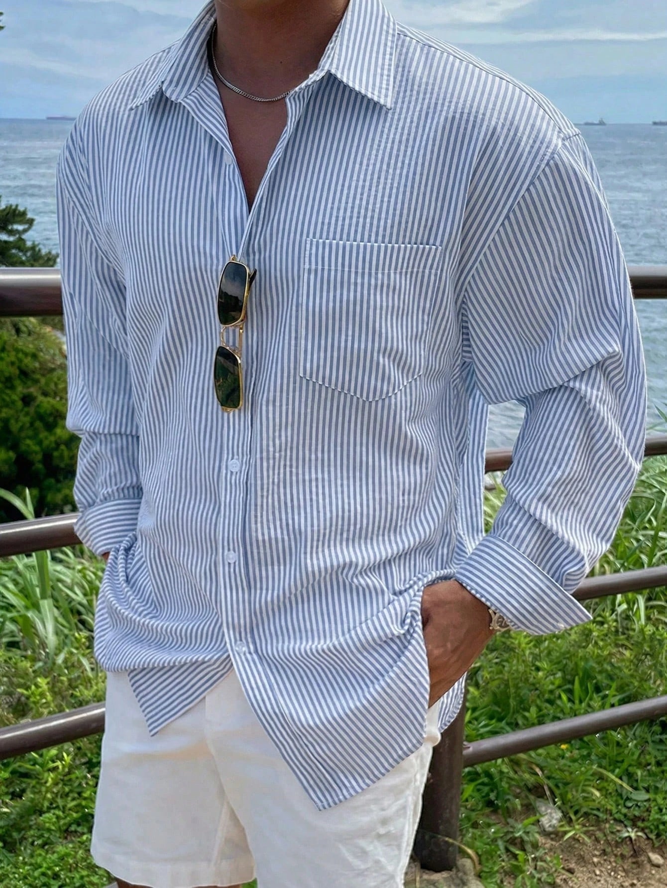 DAZY Blue Striped Long Sleeve Shirt For Men, Spring