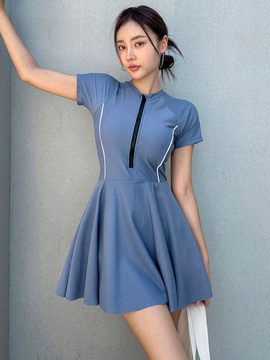 DAZY Ladies Vacation Zipper Half-Placket Cutout Shoulder Short Sleeve Leisure One-Piece Swimsuit Summer,Beach Women Outfits