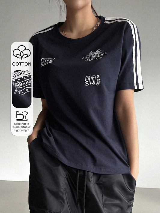 DAZY Motorcycle Style Print Colorblock Striped Detail Short Sleeve T-Shirt,Fall Clothes Preppy Tops