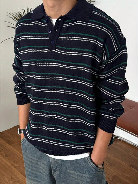 DAZY Navy Blue Striped Polo Neck Sweater For Men, Autumn/Winter