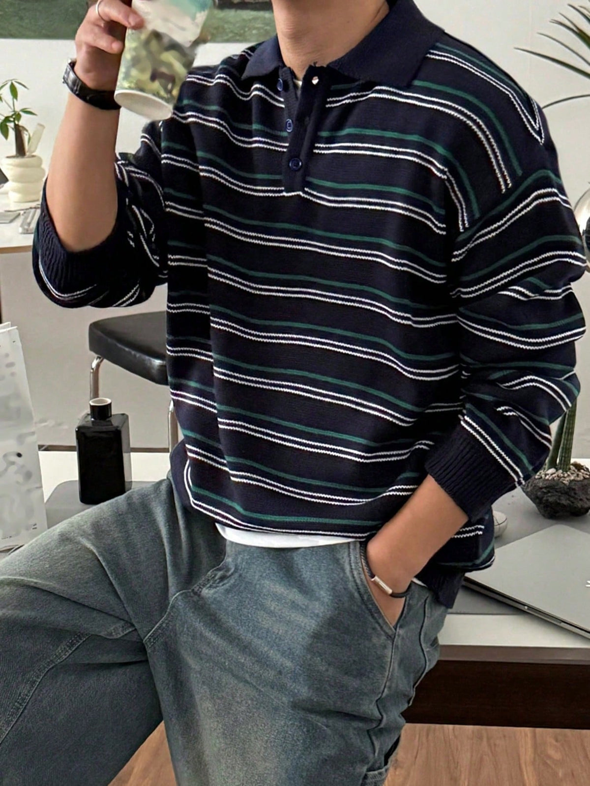 DAZY Navy Blue Striped Polo Neck Sweater For Men, Autumn/Winter