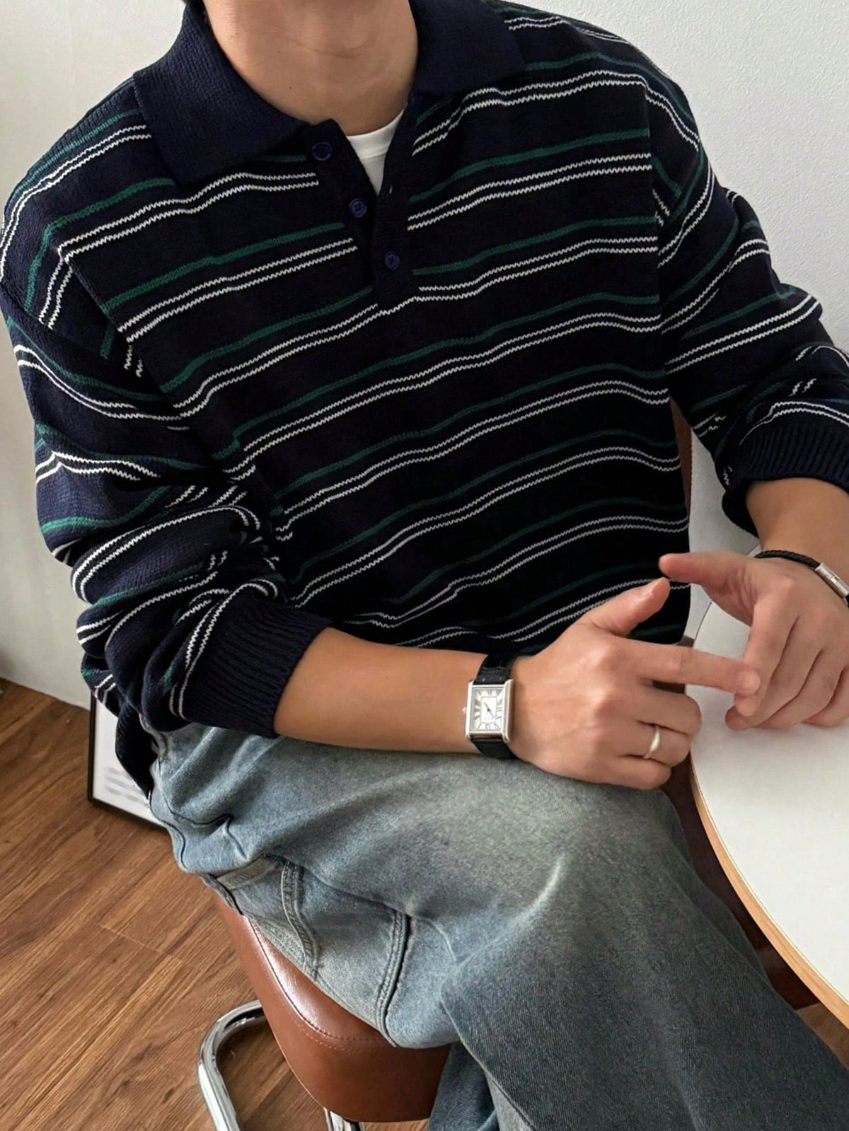 DAZY Navy Blue Striped Polo Neck Sweater For Men, Autumn/Winter