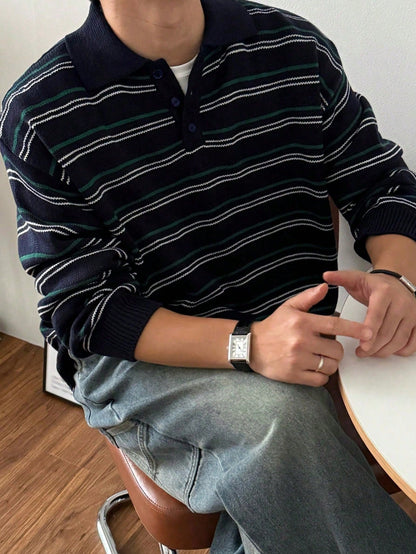 DAZY Navy Blue Striped Polo Neck Sweater For Men, Autumn/Winter