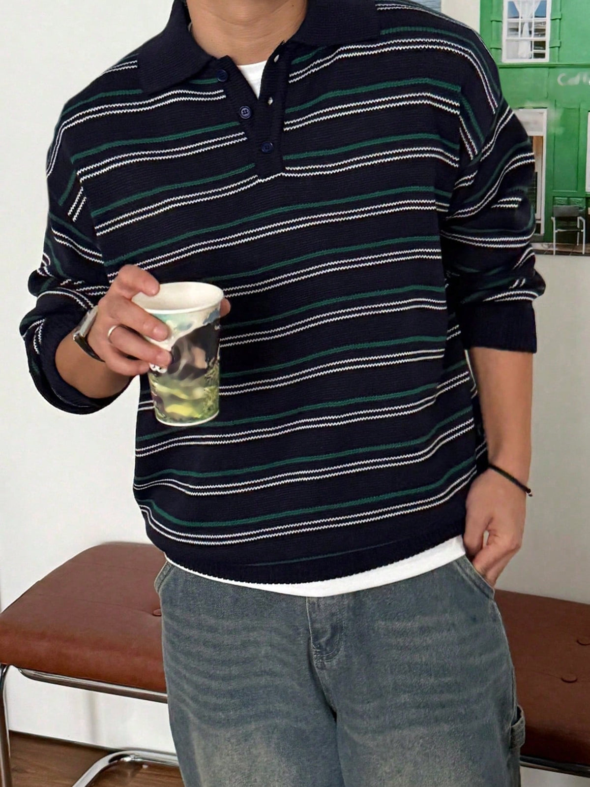 DAZY Navy Blue Striped Polo Neck Sweater For Men, Autumn/Winter