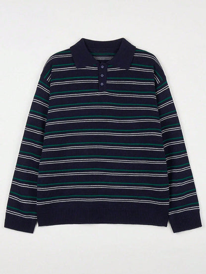 DAZY Navy Blue Striped Polo Neck Sweater For Men, Autumn/Winter