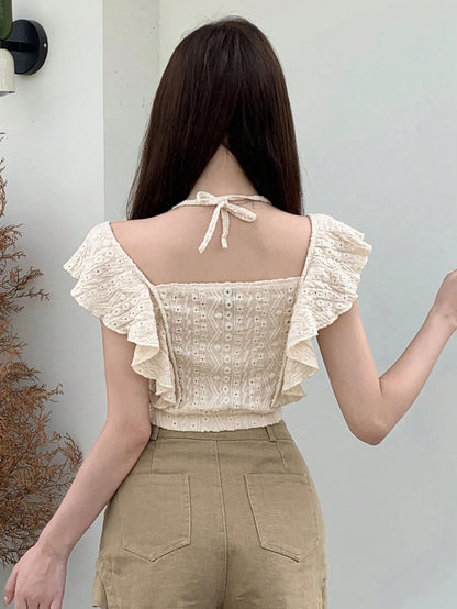 DAZY Solid Ruffle Trim Crop Tee Going Out Tops