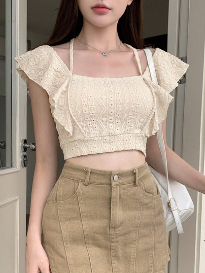DAZY Solid Ruffle Trim Crop Tee Going Out Tops