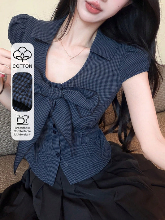 DAZY Summer Blue Plaid Fitted Elegant Bow Short Sleeve Women's Blouse For Wedding Banquet Cute Top