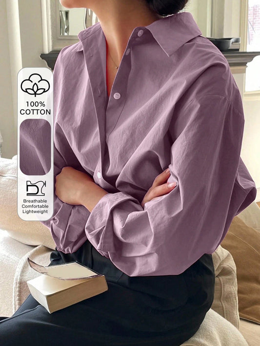 DAZY Women's 100% Cotton Casual Loose Drop Shoulder Solid Color Long Sleeve Shirt, Minimalist Daily Wear