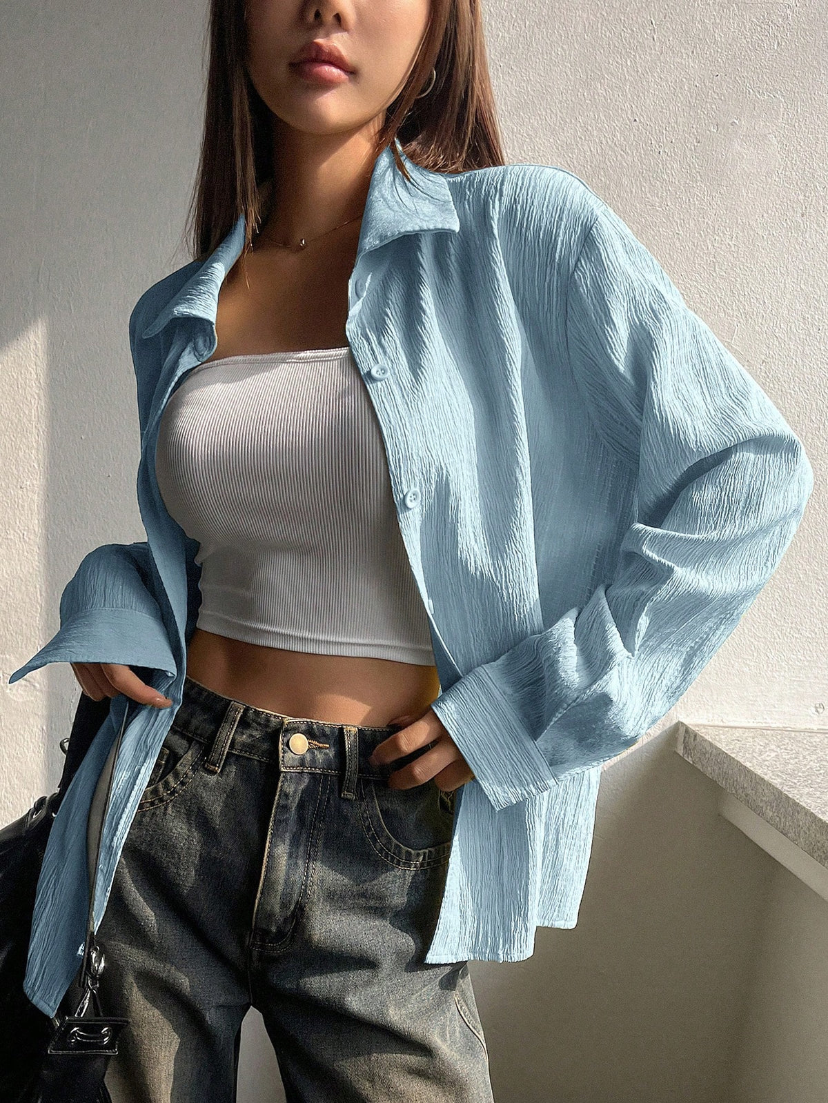 DAZY Women's Casual Solid Color Long Sleeve Shirt, Spring And Autumn,Long Sleeve Tops Y2k,Fall Women Clothes