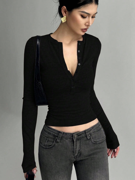DAZY Women's Half-Zip Long Sleeve Bodycon T-Shirt