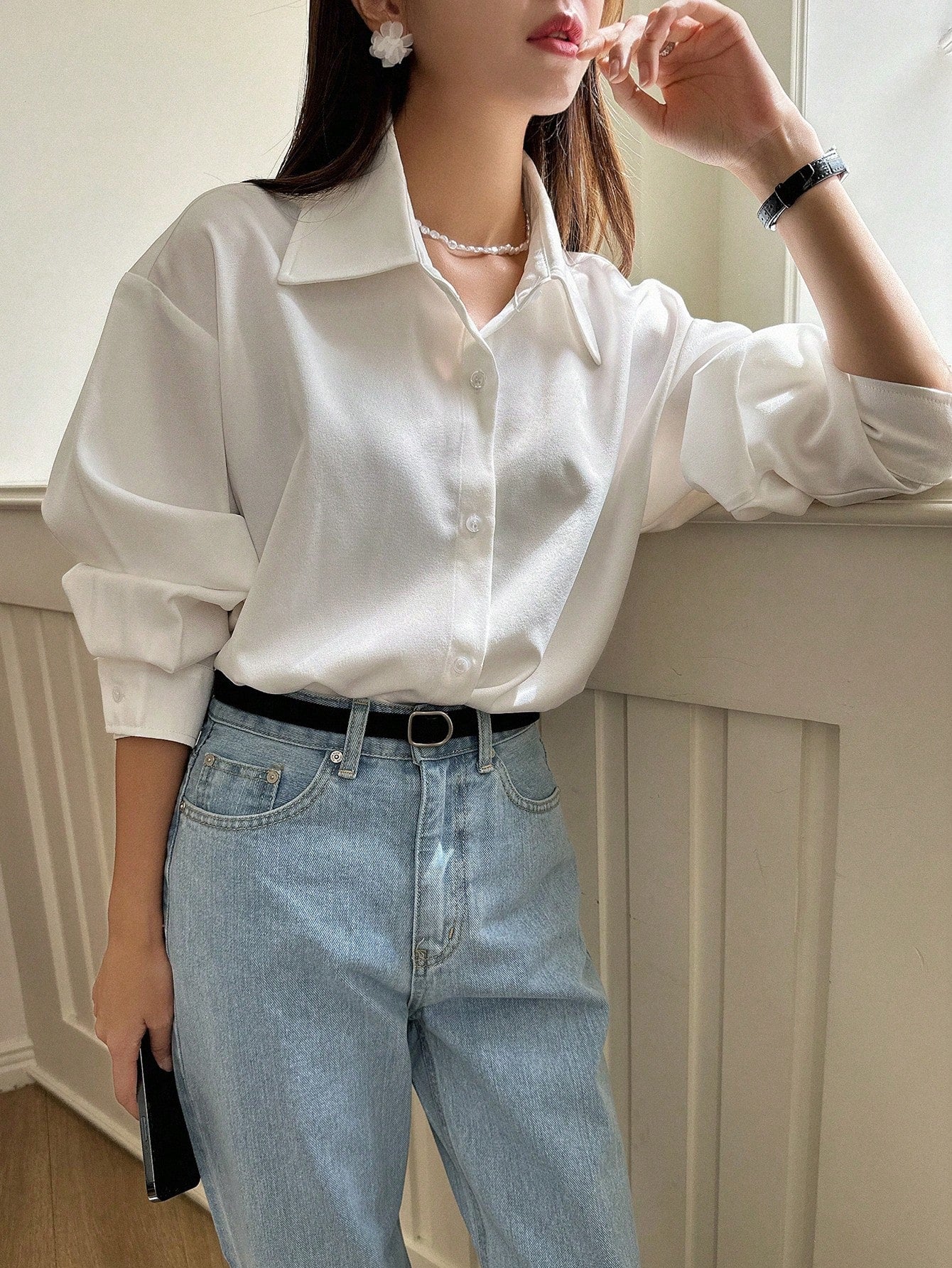 DAZY Women's Loose Casual School Solid Color Shirt