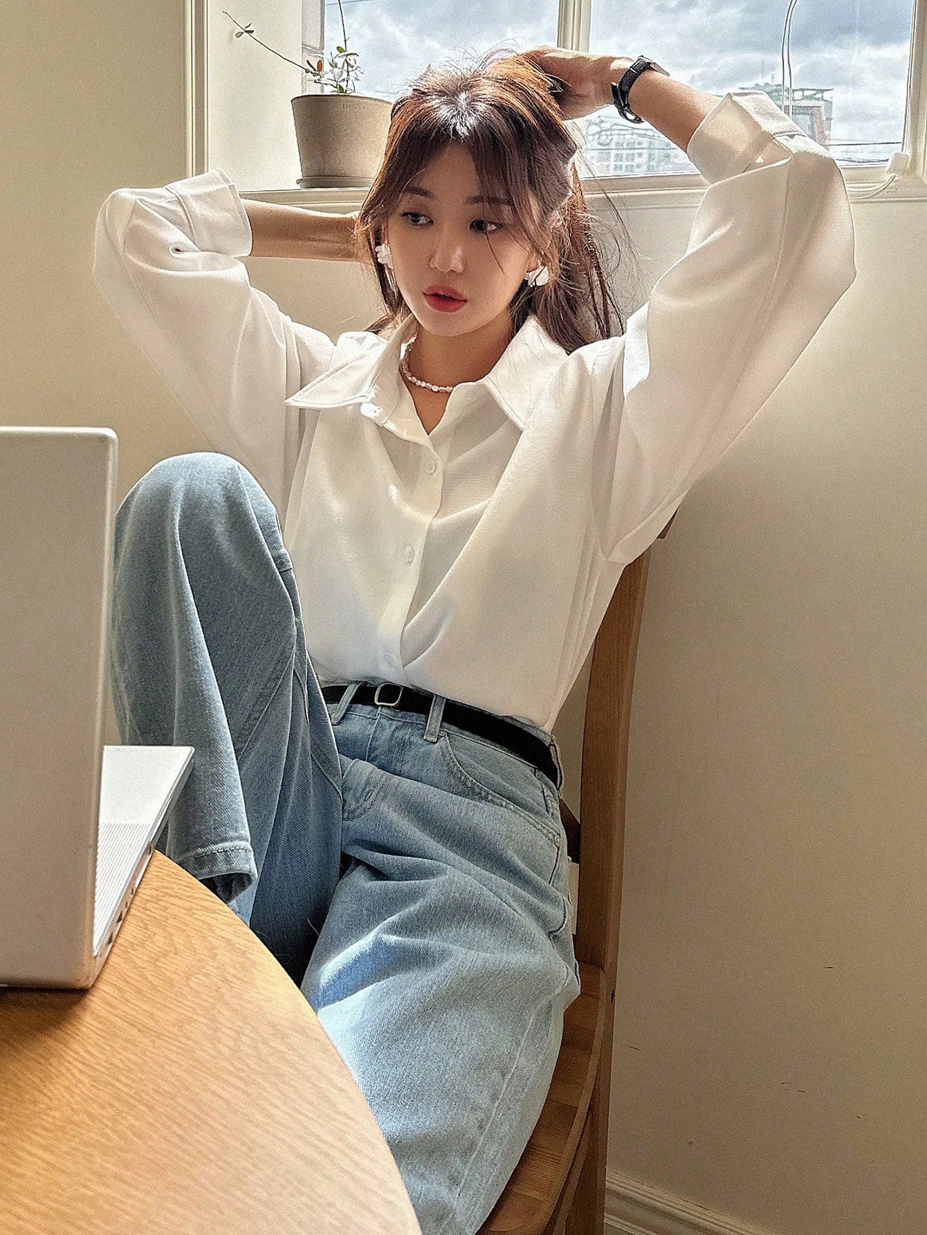 DAZY Women's Loose Casual School Solid Color Shirt