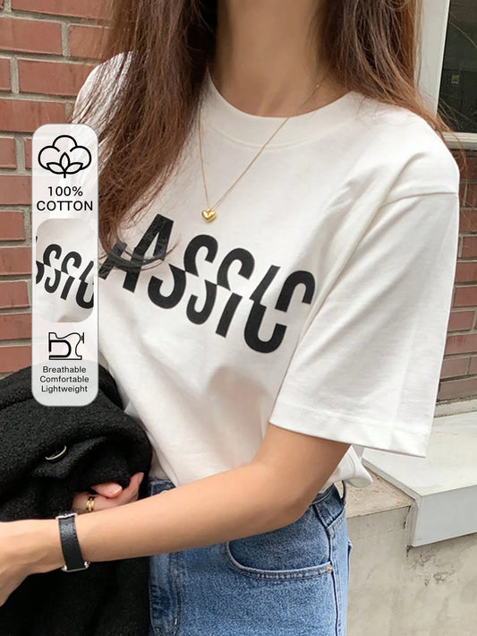 DAZY Women's Loose Fit Graphic Letter Print Round Neck T-Shirt, White, Spring/Summer
