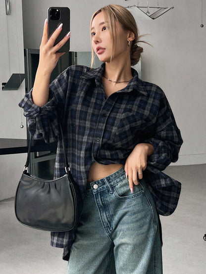 DAZY Women's Loose Plaid Casual School Uniform Shirt