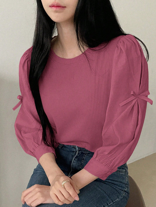 DAZY Women's Ribbed Fabric Patchwork Round Neck Loose Pullover Shirt With Butterfly Decor Long Sleeve Top