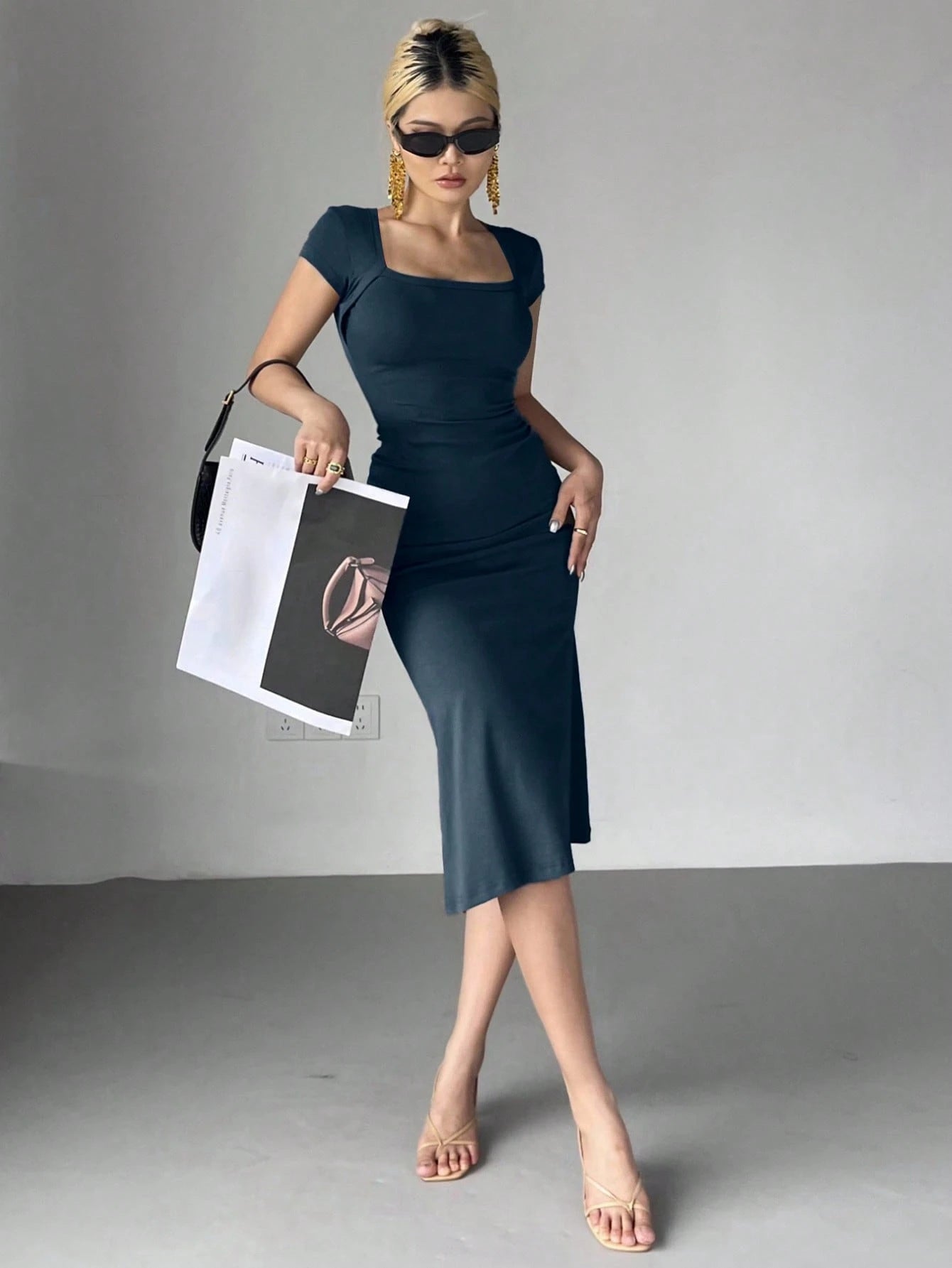 DAZY Women's Solid Color Wrap Square Neck Fish Tail Midi Dress Cocktail Dress