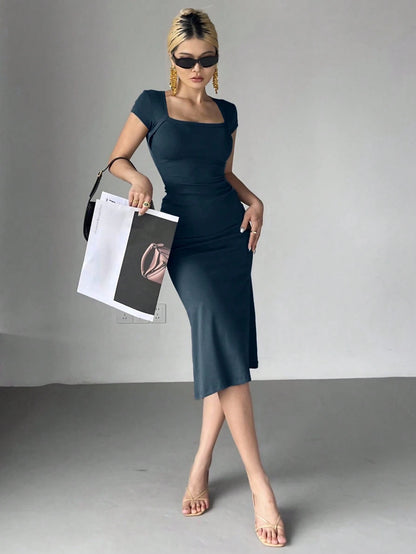 DAZY Women's Solid Color Wrap Square Neck Fish Tail Midi Dress Cocktail Dress