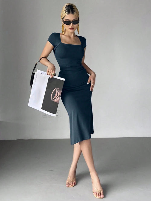 DAZY Women's Solid Color Wrap Square Neck Fish Tail Midi Dress Cocktail Dress