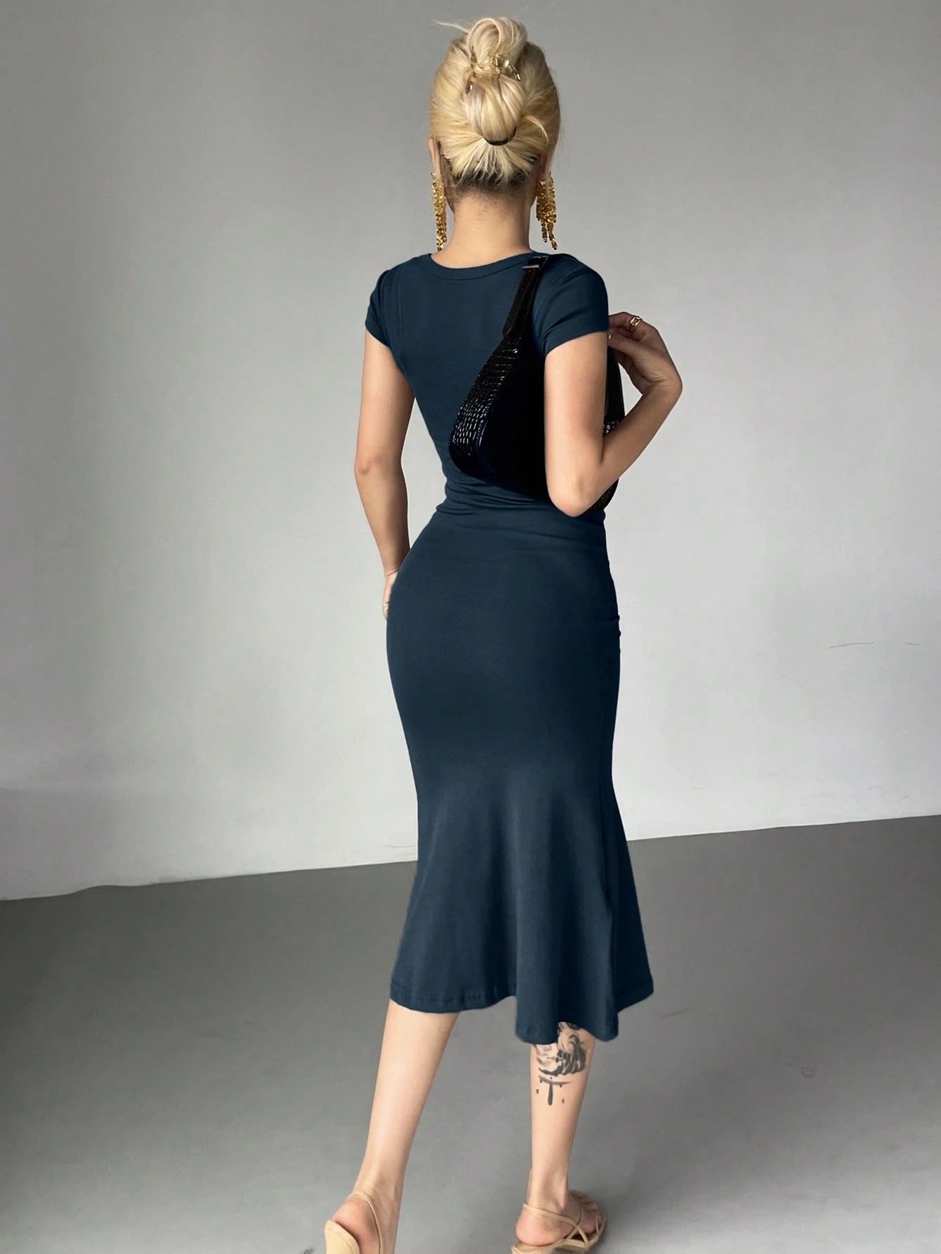 DAZY Women's Solid Color Wrap Square Neck Fish Tail Midi Dress Cocktail Dress