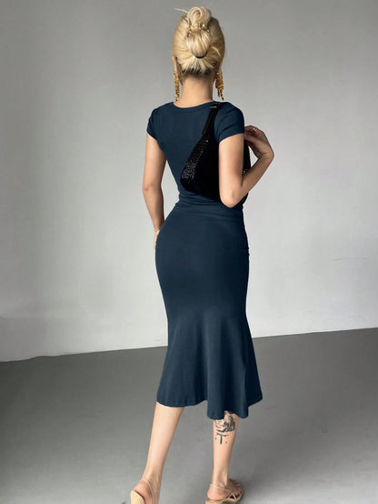 DAZY Women's Solid Color Wrap Square Neck Fish Tail Midi Dress Cocktail Dress