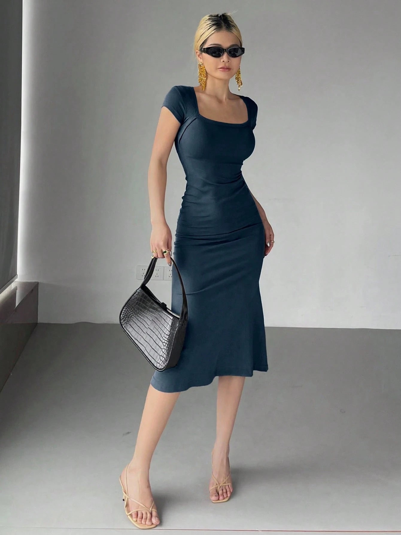 DAZY Women's Solid Color Wrap Square Neck Fish Tail Midi Dress Cocktail Dress