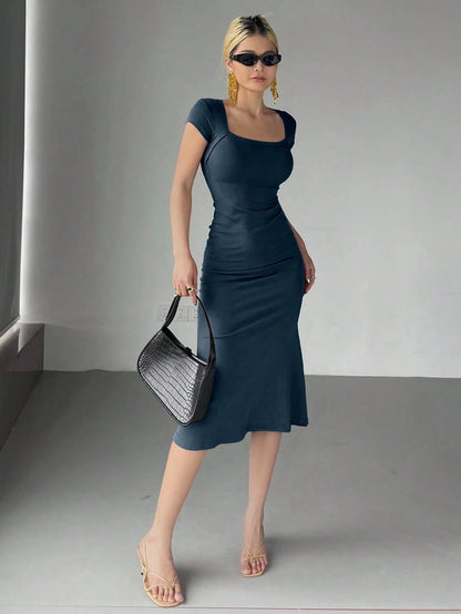 DAZY Women's Solid Color Wrap Square Neck Fish Tail Midi Dress Cocktail Dress