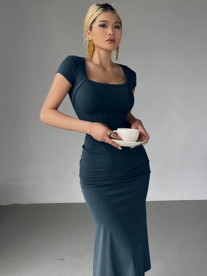 DAZY Women's Solid Color Wrap Square Neck Fish Tail Midi Dress Cocktail Dress