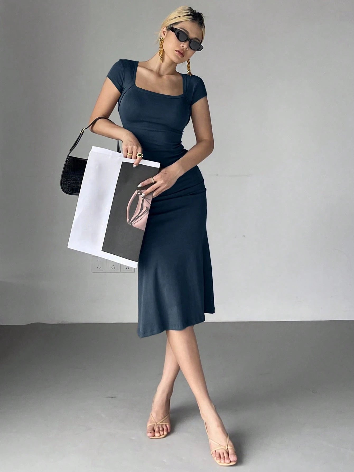 DAZY Women's Solid Color Wrap Square Neck Fish Tail Midi Dress Cocktail Dress