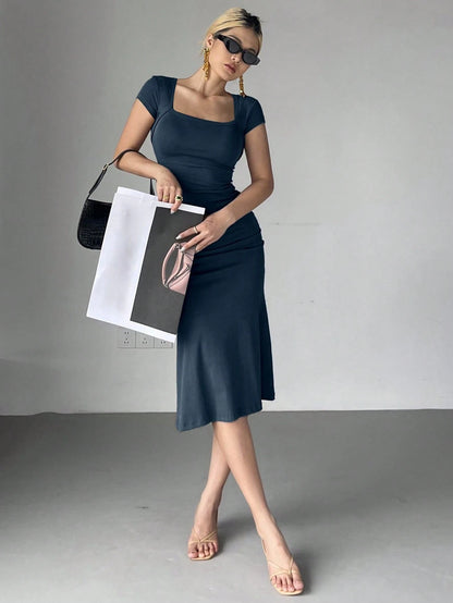 DAZY Women's Solid Color Wrap Square Neck Fish Tail Midi Dress Cocktail Dress