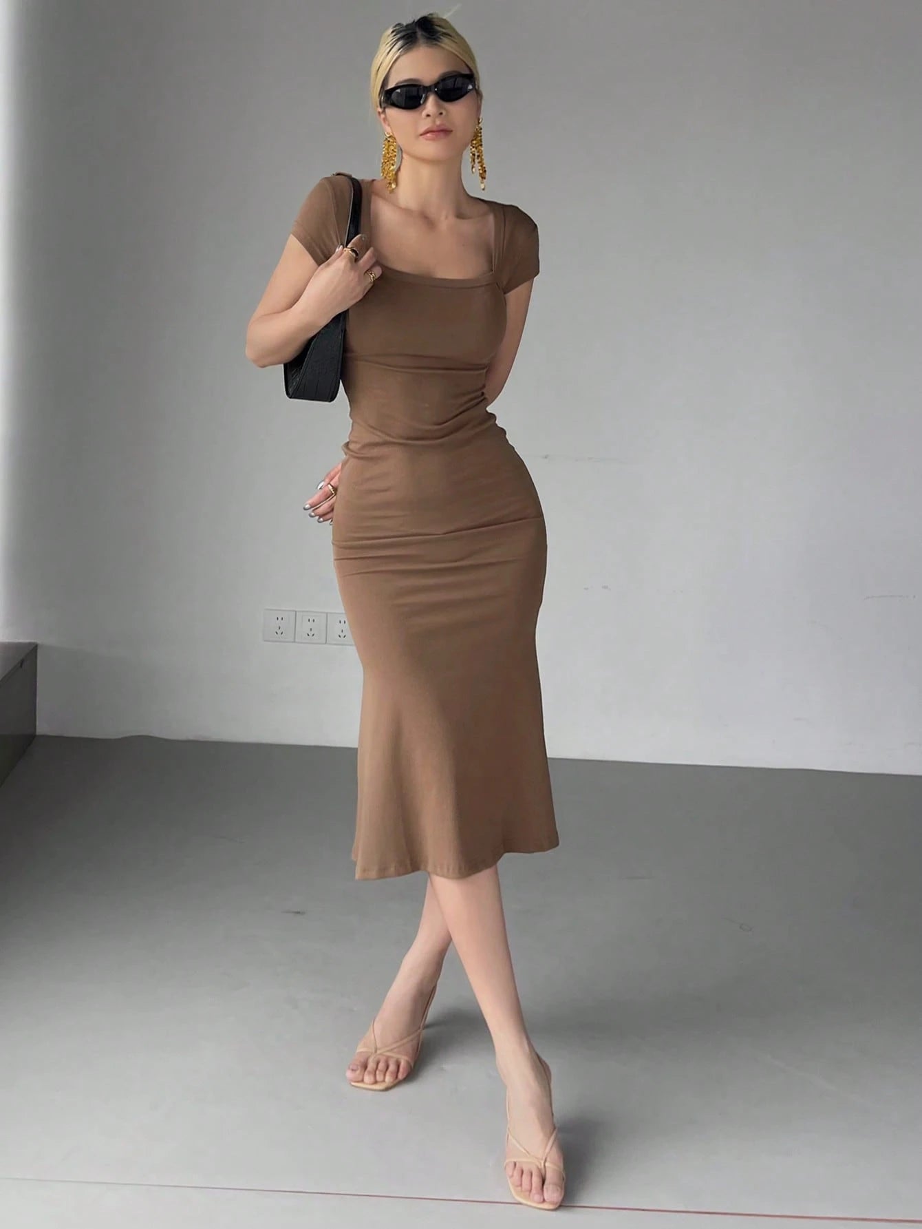 DAZY Women's Solid Color Wrap Square Neck Fish Tail Midi Dress Cocktail Dress