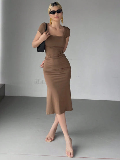 DAZY Women's Solid Color Wrap Square Neck Fish Tail Midi Dress Cocktail Dress