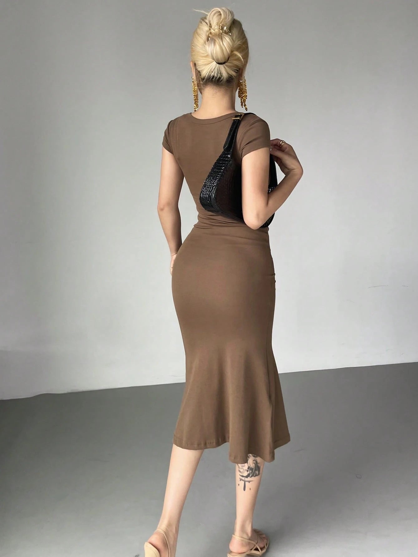 DAZY Women's Solid Color Wrap Square Neck Fish Tail Midi Dress Cocktail Dress