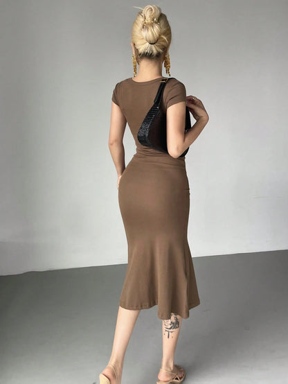 DAZY Women's Solid Color Wrap Square Neck Fish Tail Midi Dress Cocktail Dress