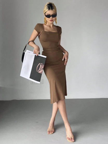 DAZY Women's Solid Color Wrap Square Neck Fish Tail Midi Dress Cocktail Dress
