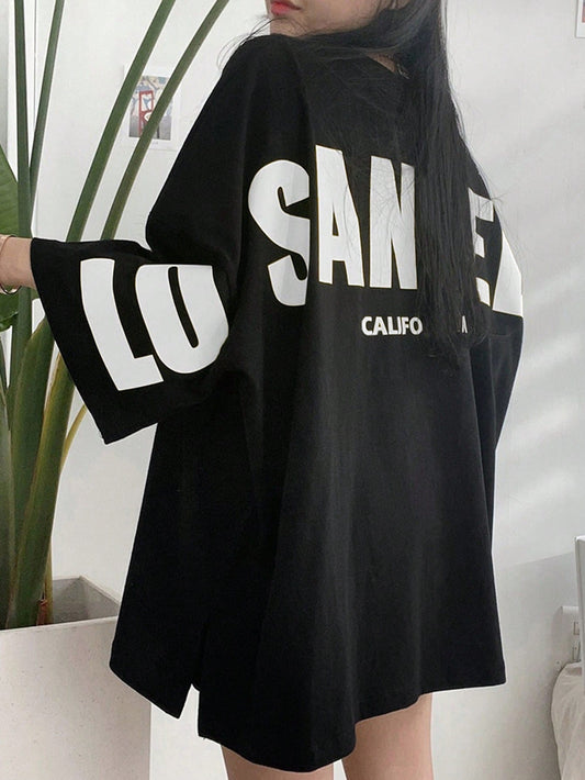 DAZY Women's Summer Loose Fit Casual T-Shirt With Round Neckline And Letter Print Design Oversized T-Shirt Streetwear