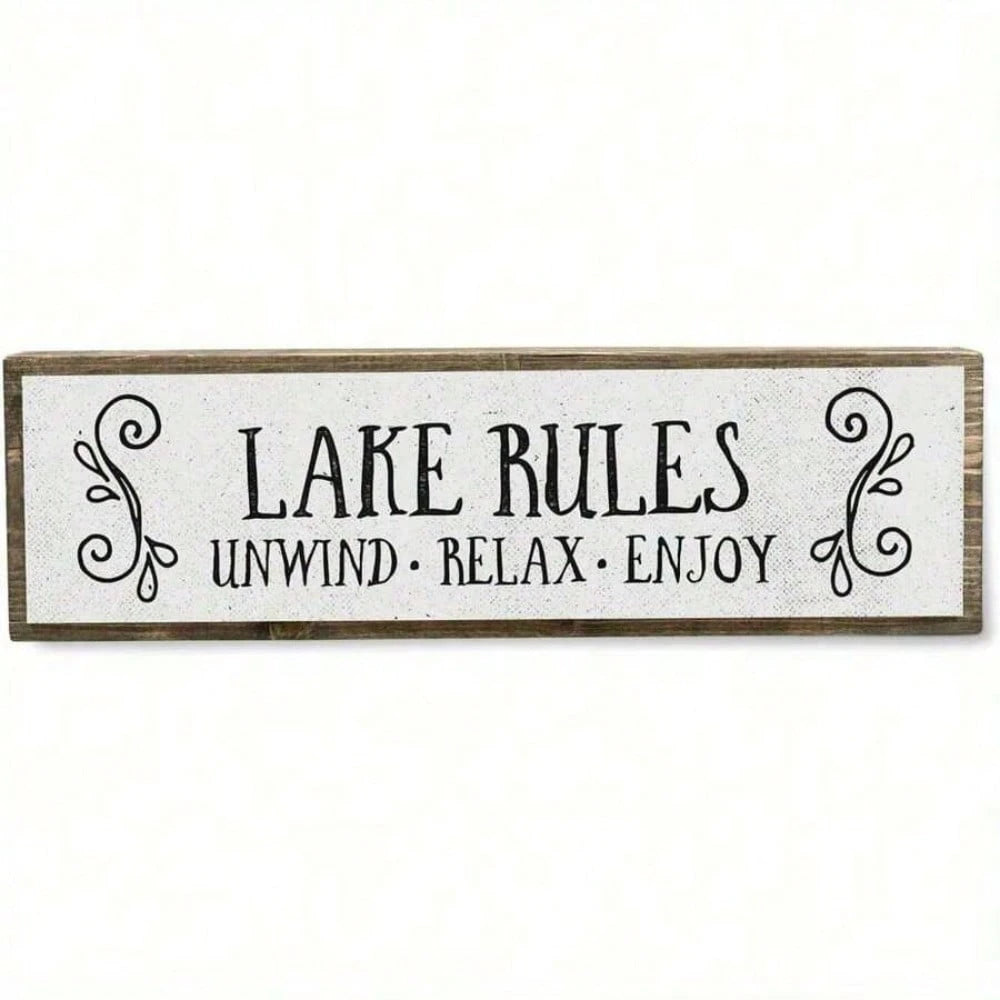 Decorative Signs & Plaques, Lake Rules Metal Wall Sign- Rustic Vintage Lakehouse Decor With "Unwind Relax Enjoy" Quote, 16"X4" Durable Metal Art For