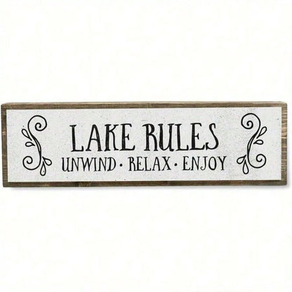 Decorative Signs & Plaques, Lake Rules Metal Wall Sign- Rustic Vintage Lakehouse Decor With "Unwind Relax Enjoy" Quote, 16"X4" Durable Metal Art For
