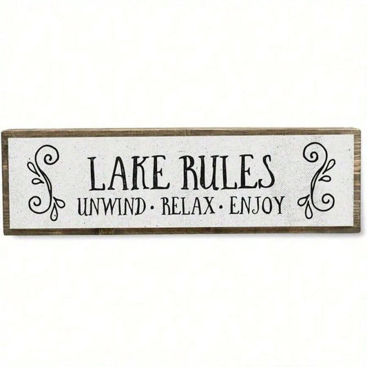 Decorative Signs & Plaques, Lake Rules Metal Wall Sign- Rustic Vintage Lakehouse Decor With "Unwind Relax Enjoy" Quote, 16"X4" Durable Metal Art For