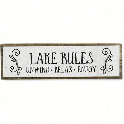 Decorative Signs & Plaques, Lake Rules Metal Wall Sign- Rustic Vintage Lakehouse Decor With "Unwind Relax Enjoy" Quote, 16"X4" Durable Metal Art For