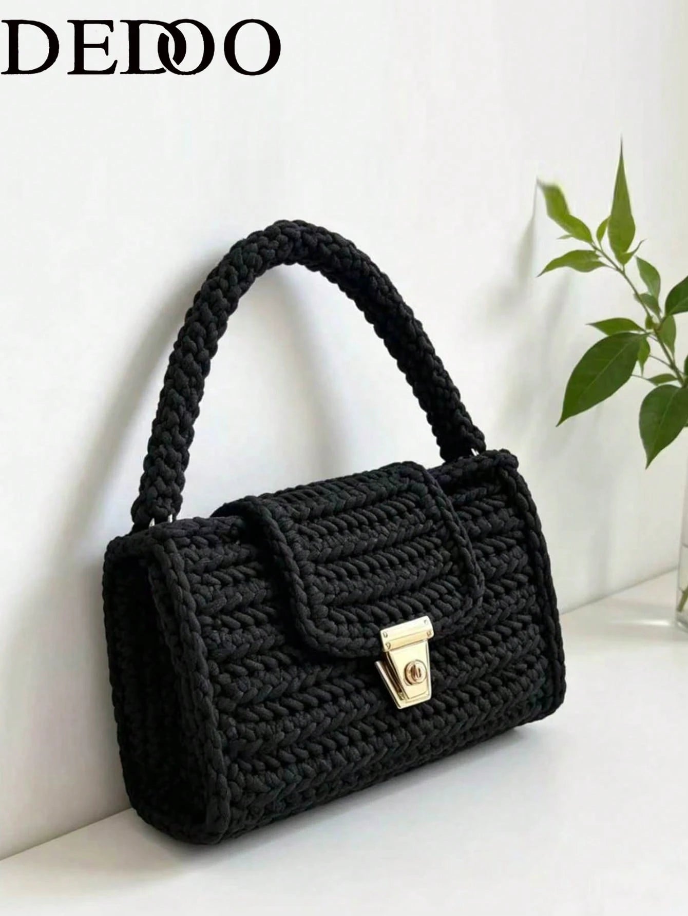 Dedoo Vintage Solid Black Crochet Shoulder Bag, Gold Lock Flap Handbag, Thick Knit Small Underarm Bag For Daily Casual Streetwear