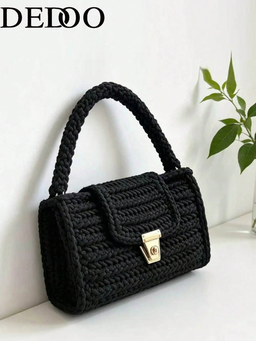 Dedoo Vintage Solid Black Crochet Shoulder Bag, Gold Lock Flap Handbag, Thick Knit Small Underarm Bag For Daily Casual Streetwear