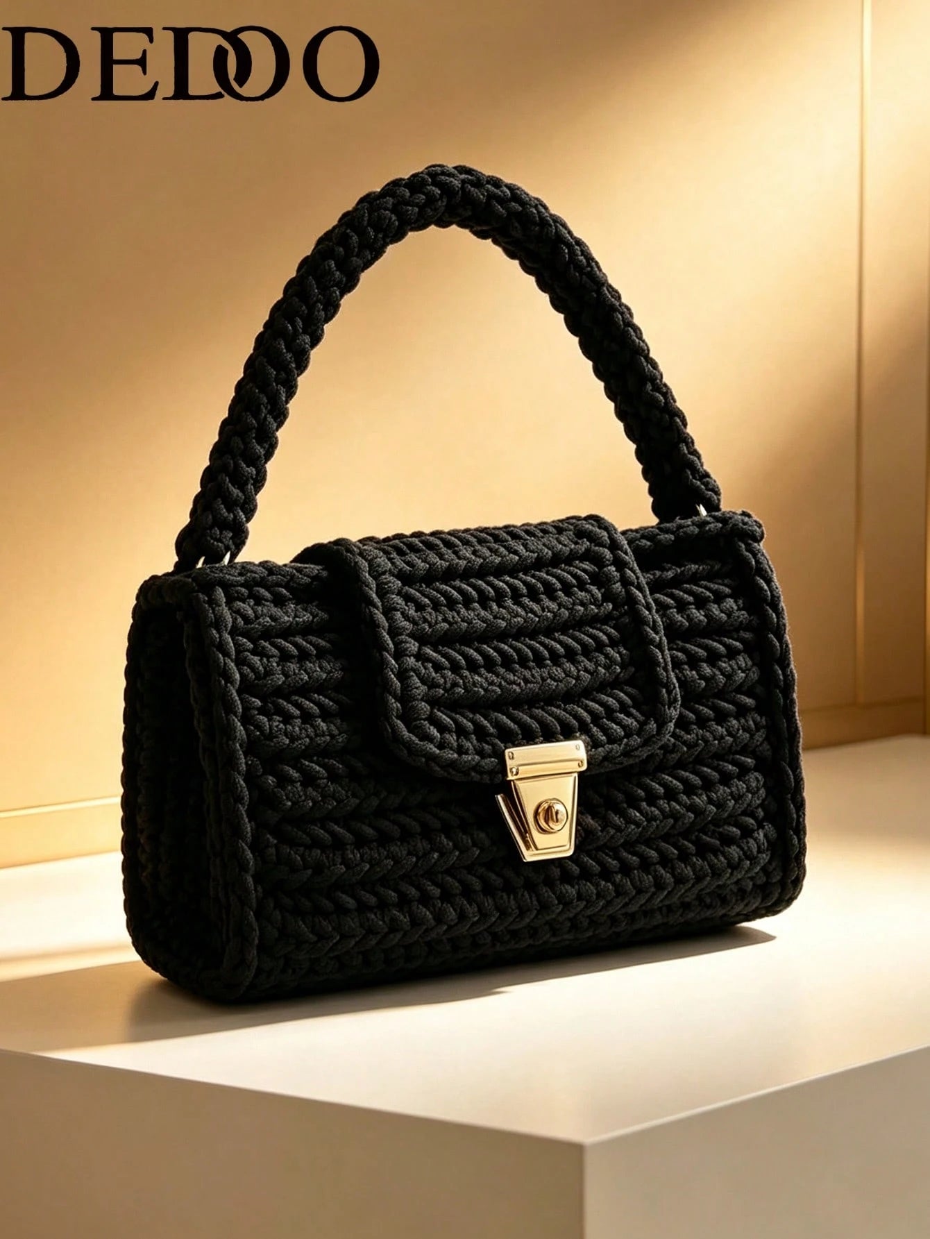 Dedoo Vintage Solid Black Crochet Shoulder Bag, Gold Lock Flap Handbag, Thick Knit Small Underarm Bag For Daily Casual Streetwear