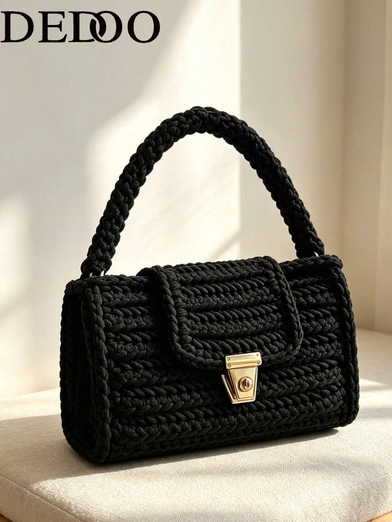 Dedoo Vintage Solid Black Crochet Shoulder Bag, Gold Lock Flap Handbag, Thick Knit Small Underarm Bag For Daily Casual Streetwear