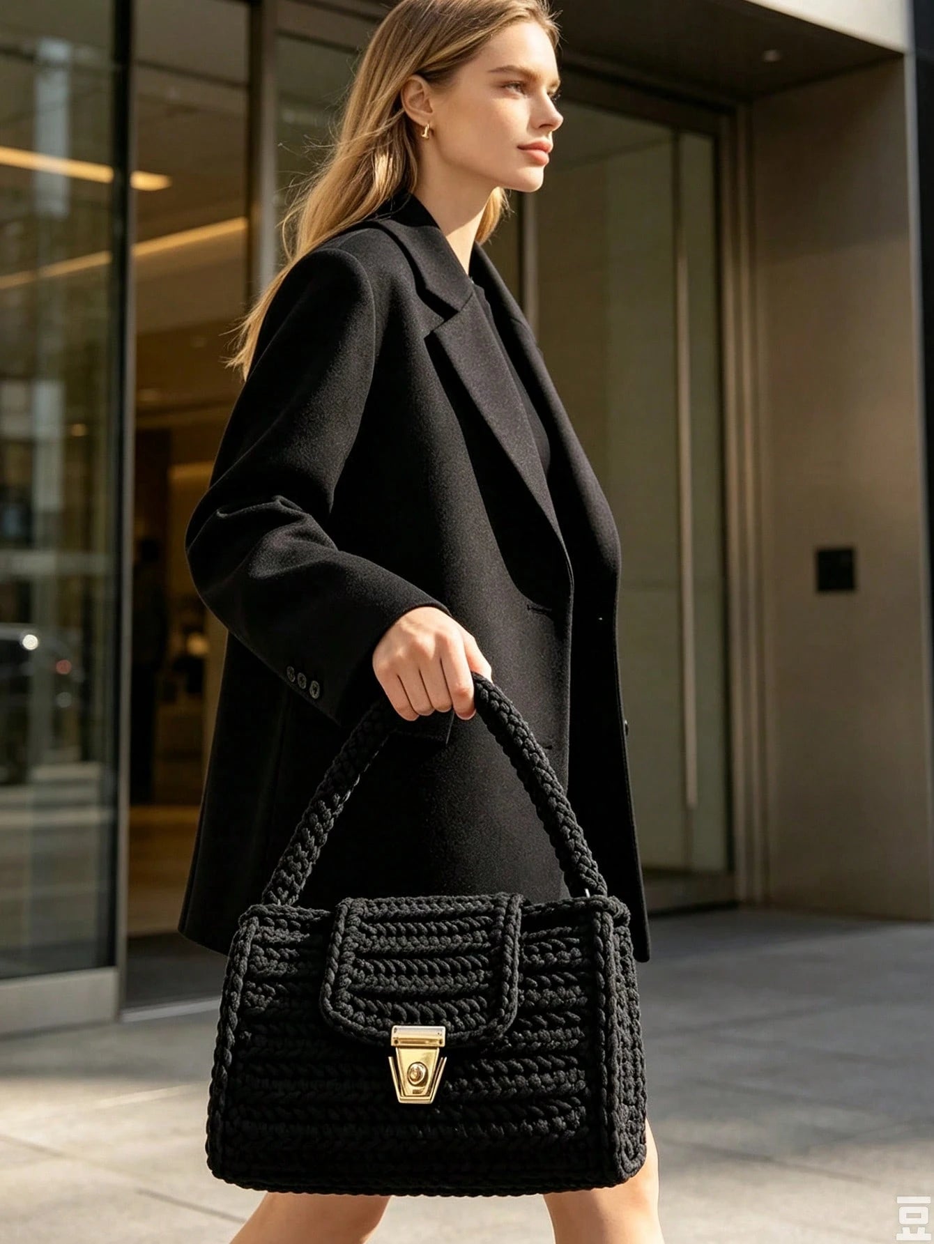 Dedoo Vintage Solid Black Crochet Shoulder Bag, Gold Lock Flap Handbag, Thick Knit Small Underarm Bag For Daily Casual Streetwear
