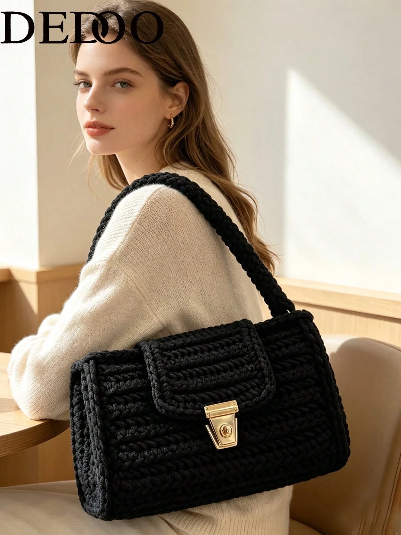 Dedoo Vintage Solid Black Crochet Shoulder Bag, Gold Lock Flap Handbag, Thick Knit Small Underarm Bag For Daily Casual Streetwear