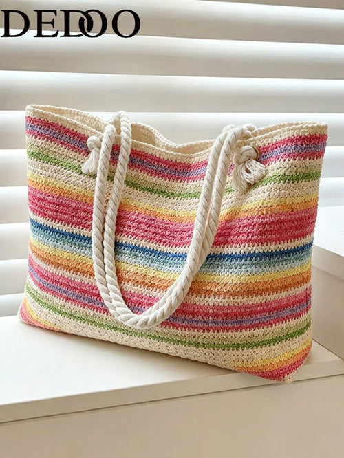 Dedoo Woven Large Capacity Tote Bag, Lightweight Shopping Shoulder Bag, Summer Women's Vacation Travel Essential Bag/Backpack