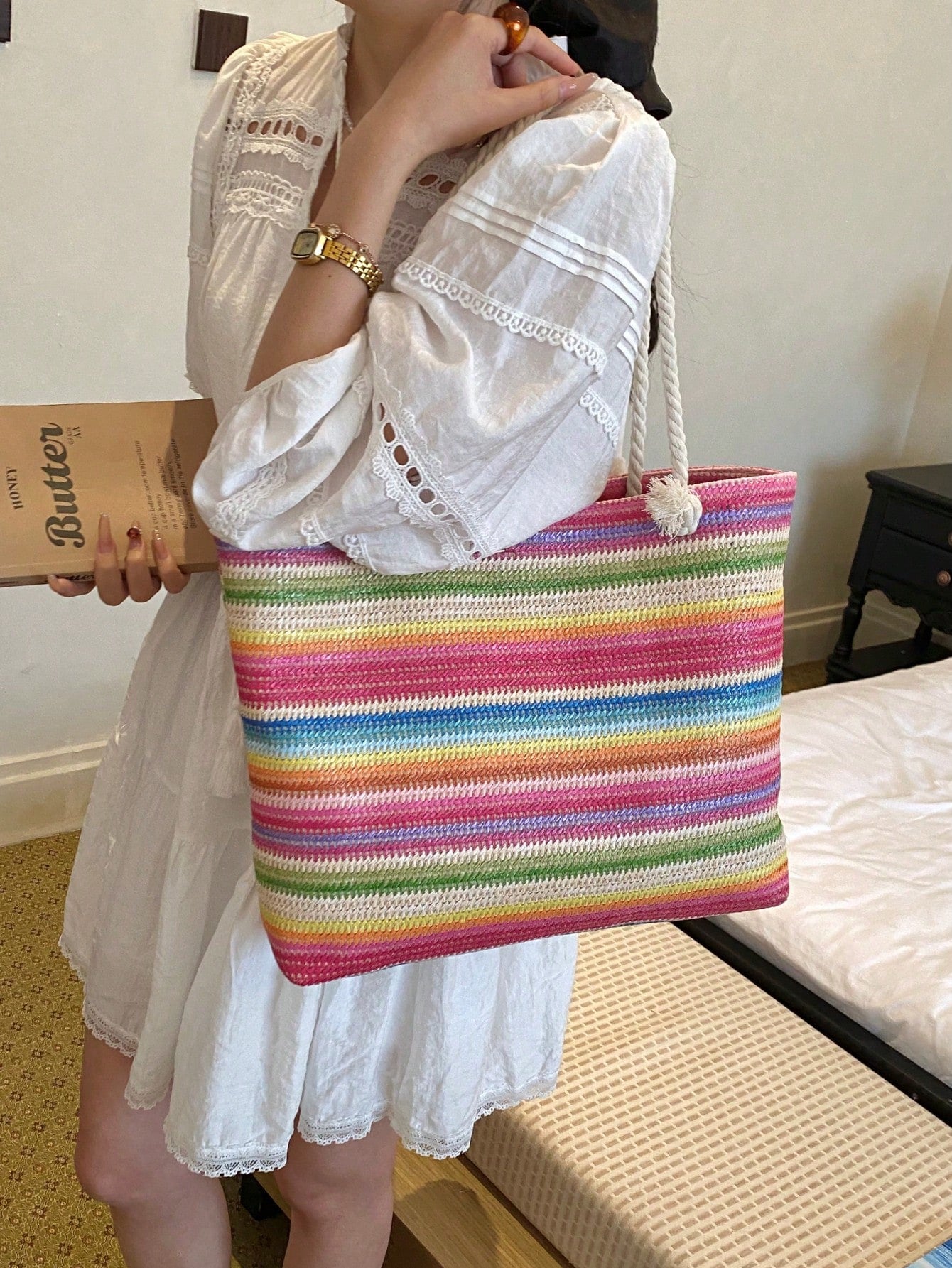 Dedoo Woven Large Capacity Tote Bag, Lightweight Shopping Shoulder Bag, Summer Women's Vacation Travel Essential Bag/Backpack