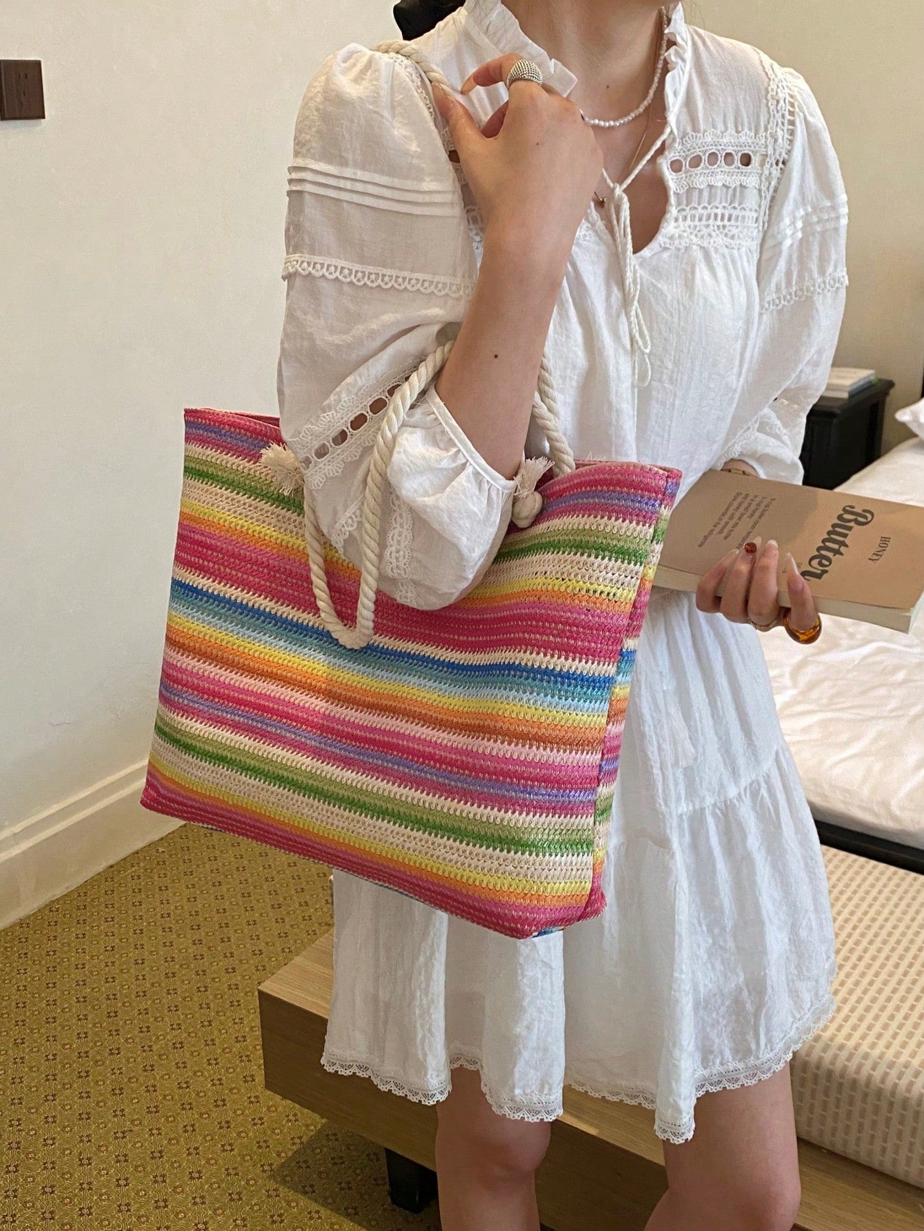 Dedoo Woven Large Capacity Tote Bag, Lightweight Shopping Shoulder Bag, Summer Women's Vacation Travel Essential Bag/Backpack