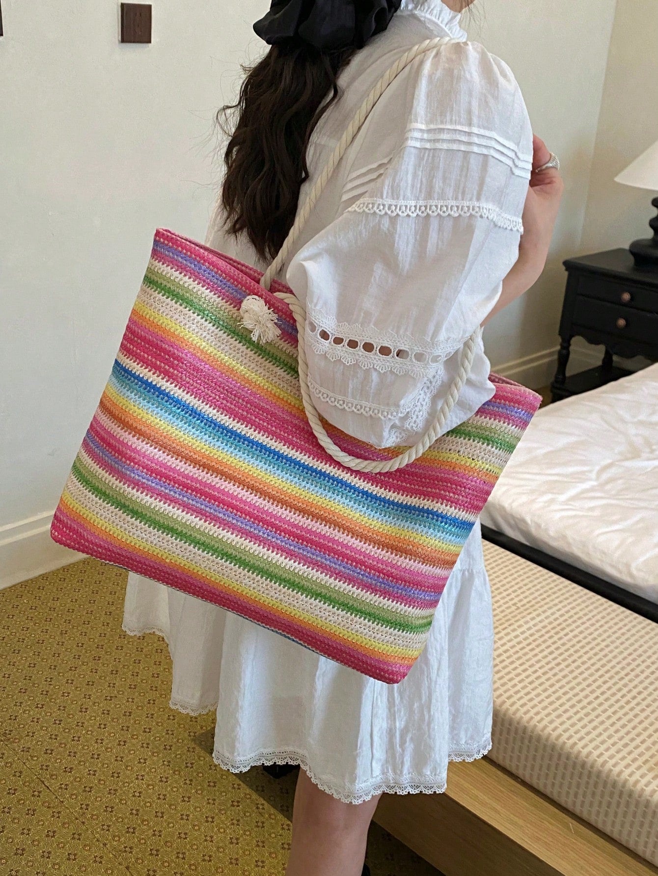 Dedoo Woven Large Capacity Tote Bag, Lightweight Shopping Shoulder Bag, Summer Women's Vacation Travel Essential Bag/Backpack